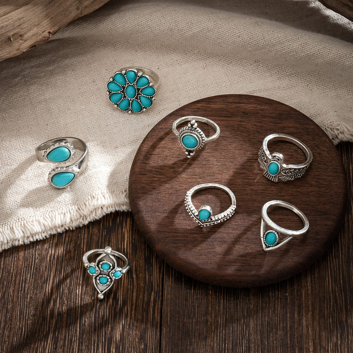 Chic 7 Pieces Antique Silver Embossed Pattern Turquoise Ring Set - ArtGalleryZen