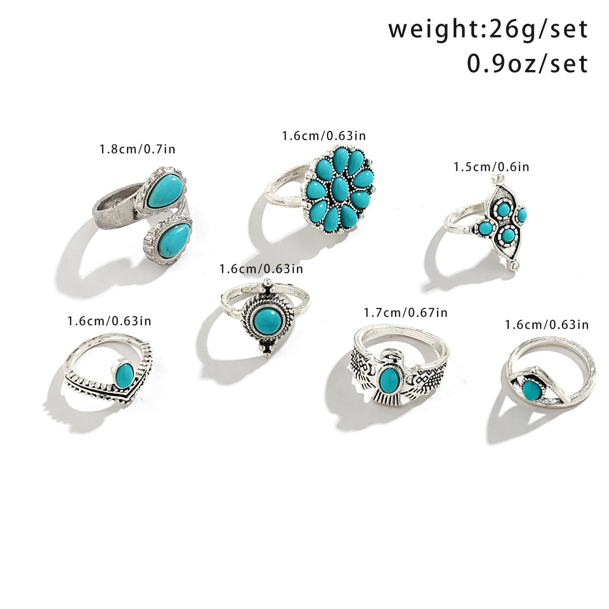 Chic 7 Pieces Antique Silver Embossed Pattern Turquoise Ring Set - ArtGalleryZen