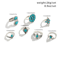 Thumbnail for Chic 7 Pieces Antique Silver Embossed Pattern Turquoise Ring Set - ArtGalleryZen