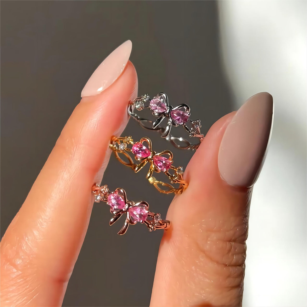 Chic Adjustable Crystal Floral Bowknot Ribbon Ring - ArtGalleryZen