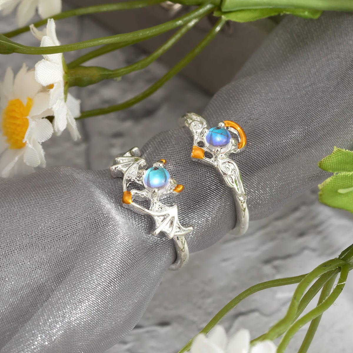 Chic Antique Angel And Devil Matching Opal Ring Set - ArtGalleryZen