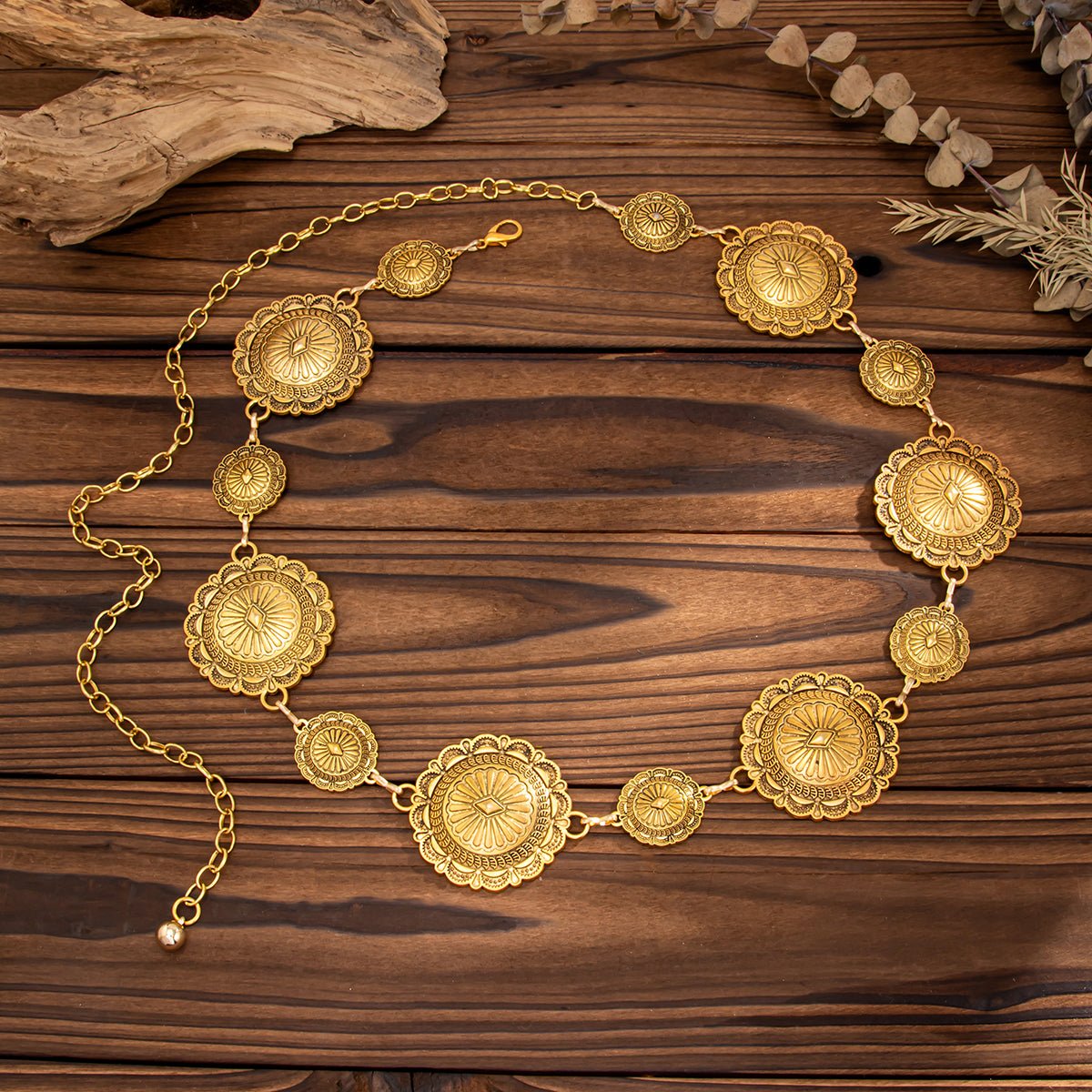 Chic Antique Gold Silver Tone Floral Round Disk Waist Chain - ArtGalleryZen