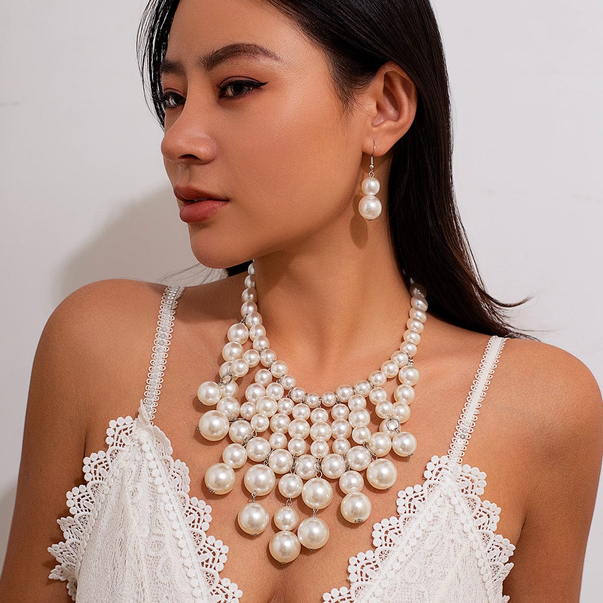 Chic Chunky Pearl Tassel Chain Necklace Earrings Set - ArtGalleryZen