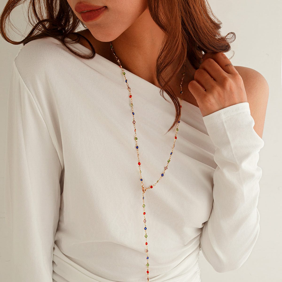 Chic Colorful Crystal Long Chain Y Necklace - ArtGalleryZen