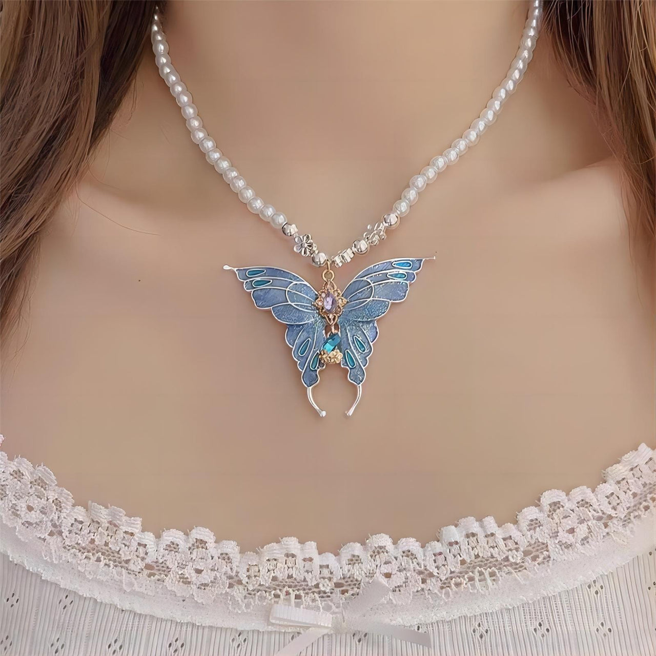 Chic Colorful Enamel Butterfly Pearl Chain Necklace - ArtGalleryZen