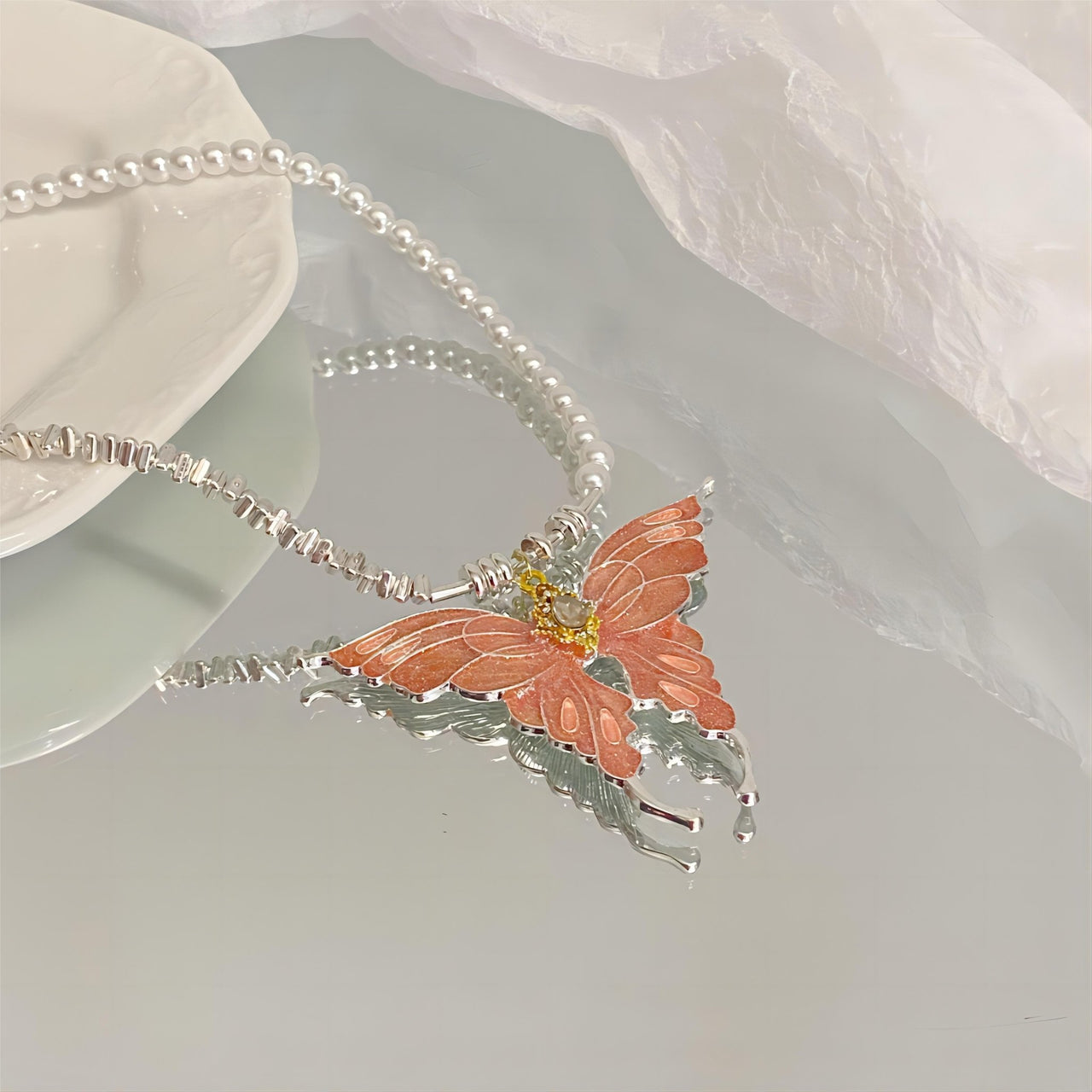 Chic Colorful Enamel Butterfly Pearl Chain Necklace - ArtGalleryZen