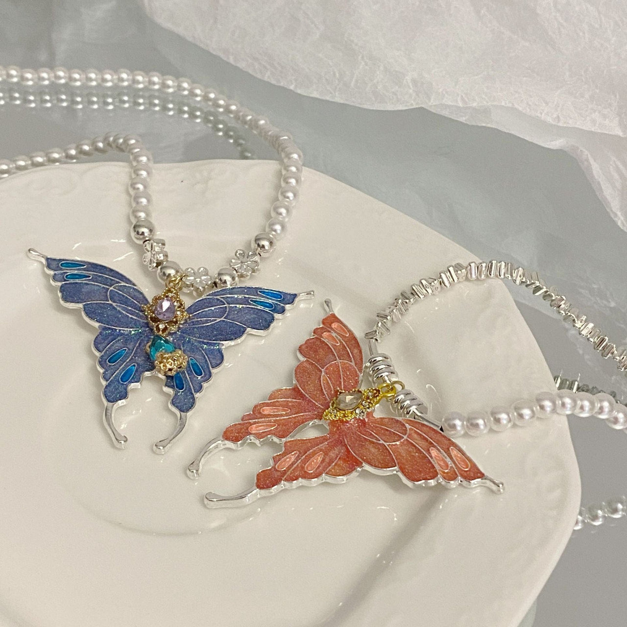 Chic Colorful Enamel Butterfly Pearl Chain Necklace - ArtGalleryZen