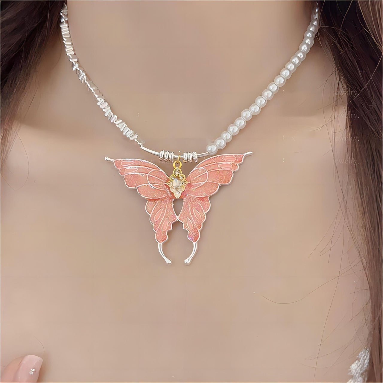 Chic Colorful Enamel Butterfly Pearl Chain Necklace - ArtGalleryZen