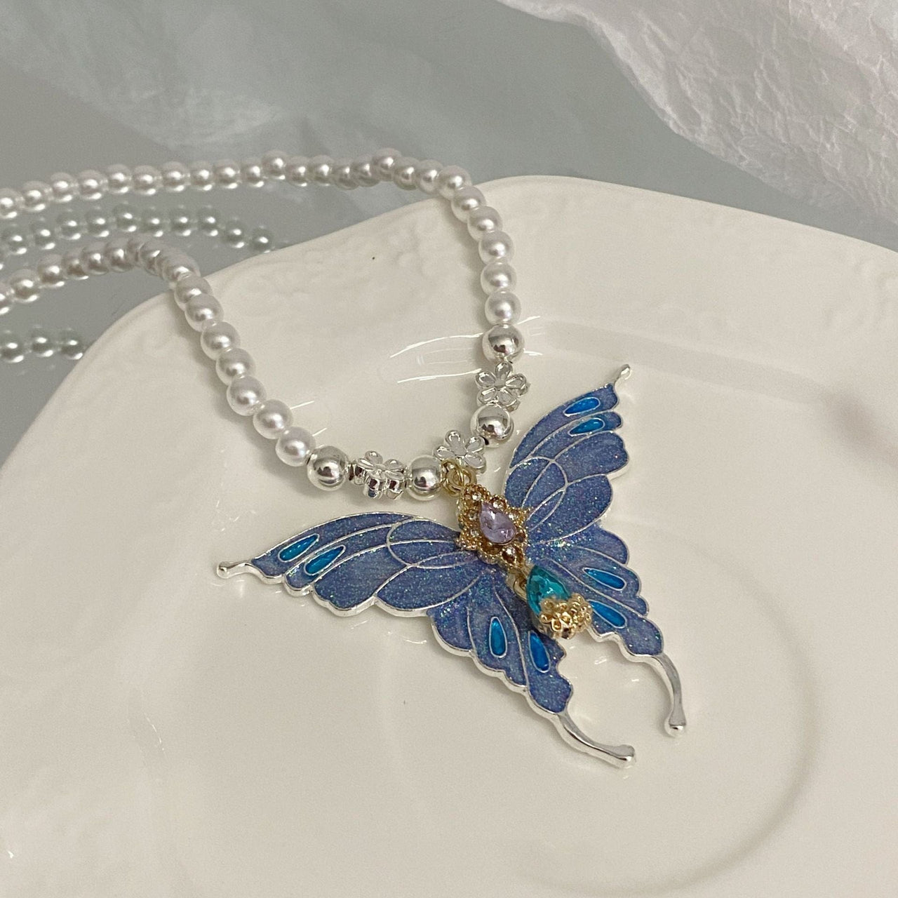 Chic Colorful Enamel Butterfly Pearl Chain Necklace - ArtGalleryZen