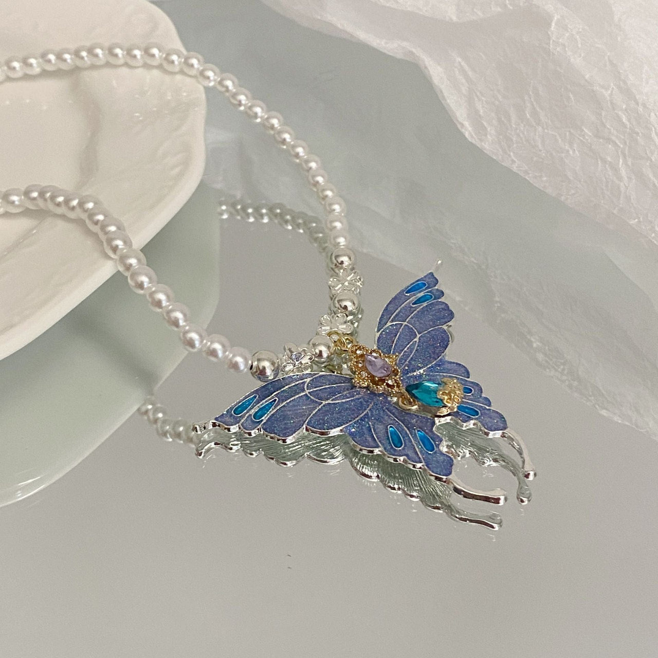 Chic Colorful Enamel Butterfly Pearl Chain Necklace - ArtGalleryZen