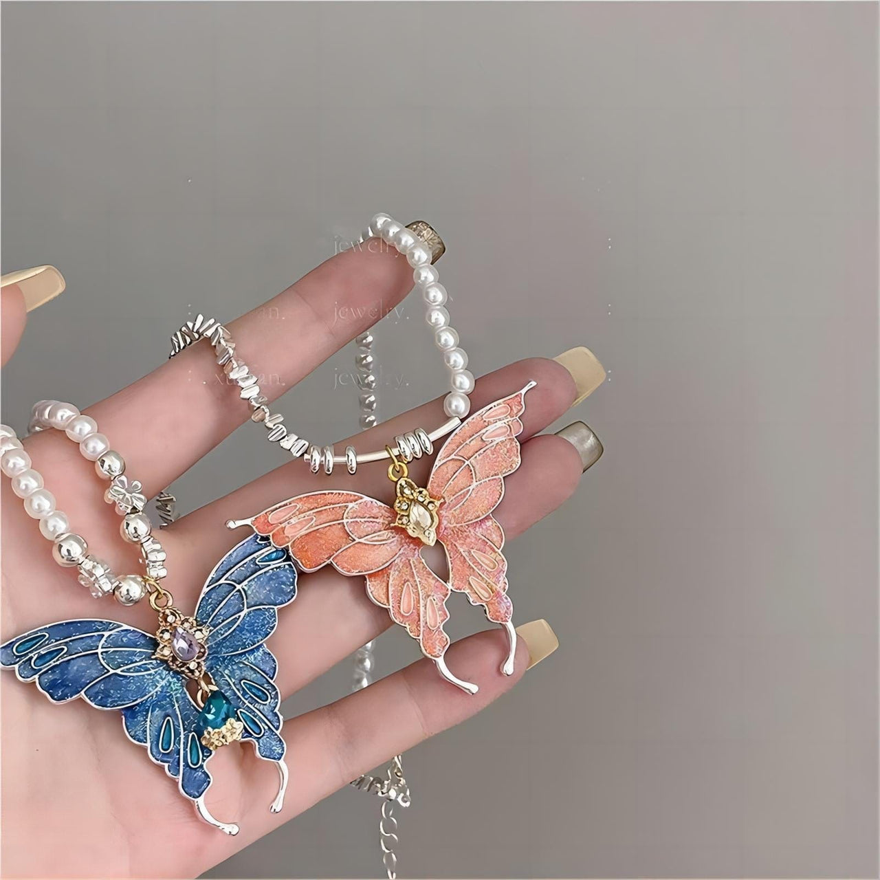 Chic Colorful Enamel Butterfly Pearl Chain Necklace - ArtGalleryZen