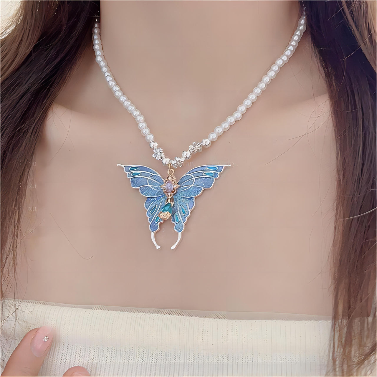 Chic Colorful Enamel Butterfly Pearl Chain Necklace - ArtGalleryZen