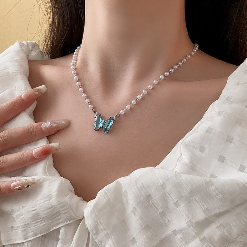Chic Crystal Butterfly Pendant Pearl Chain Necklace - ArtGalleryZen