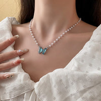 Thumbnail for Chic Crystal Butterfly Pendant Pearl Chain Necklace - ArtGalleryZen