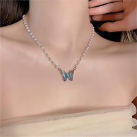 Thumbnail for Chic Crystal Butterfly Pendant Pearl Chain Necklace - ArtGalleryZen