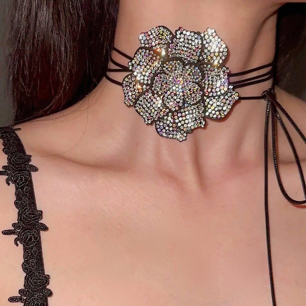Chic Crystal Flower Wax Cord String Necklace - ArtGalleryZen