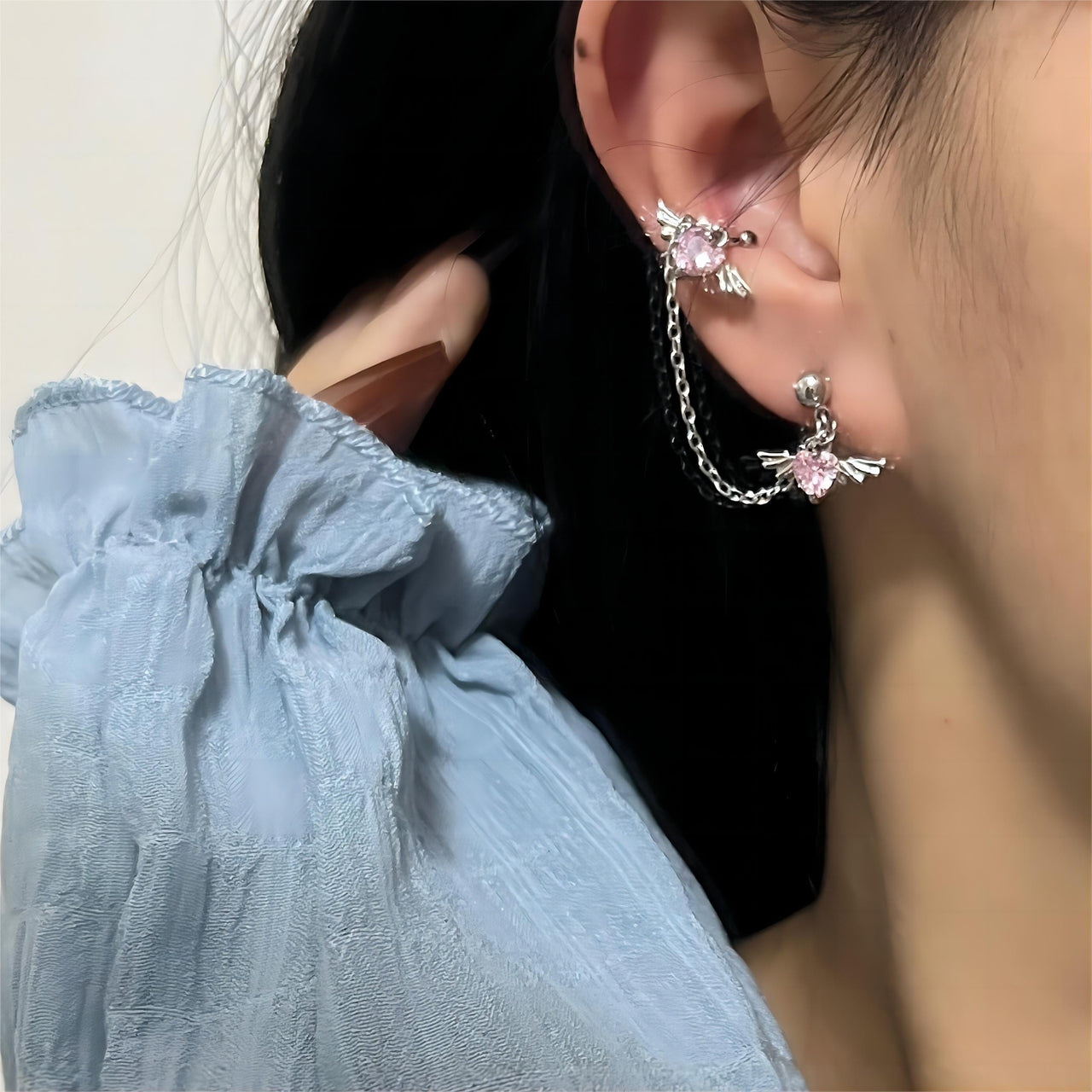 Chic Crystal Heart Angel Wings Ear Cuff Stud Chain Earrings - ArtGalleryZen