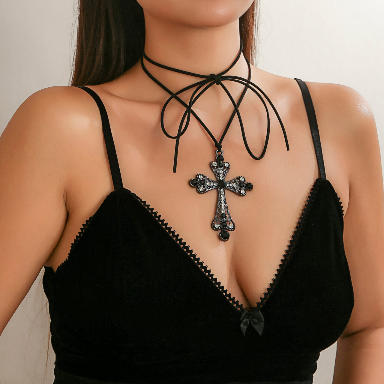 Chic Crystal Inlaid Hollowed-out Cross Pendant Velvet String Necklace - ArtGalleryZen