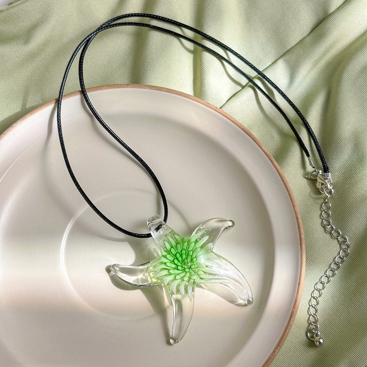 Chic Crystal Starfish Pendant Wax Cord String Choker Necklace - ArtGalleryZen