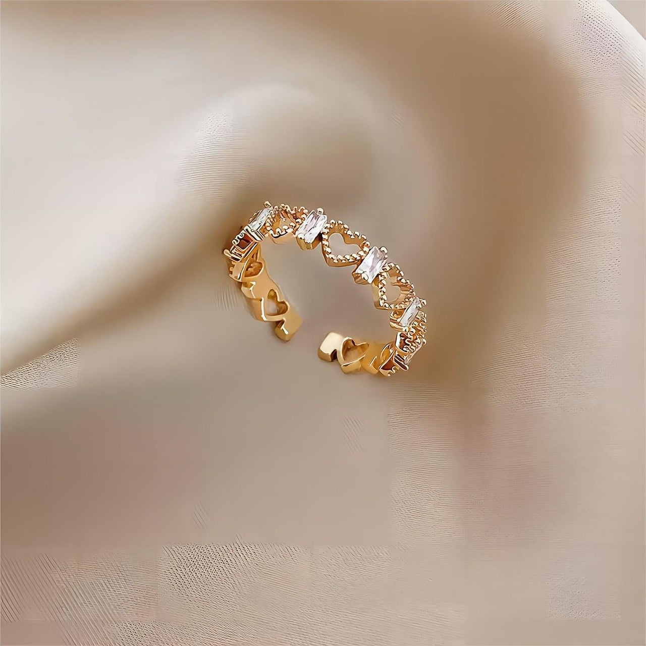 Chic CZ Inlaid Adjustable Hollowed-out Heart Ring - ArtGalleryZen