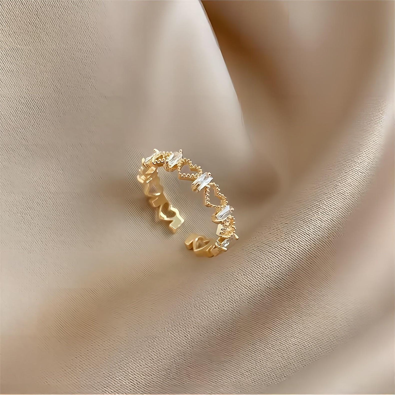 Chic CZ Inlaid Adjustable Hollowed-out Heart Ring - ArtGalleryZen