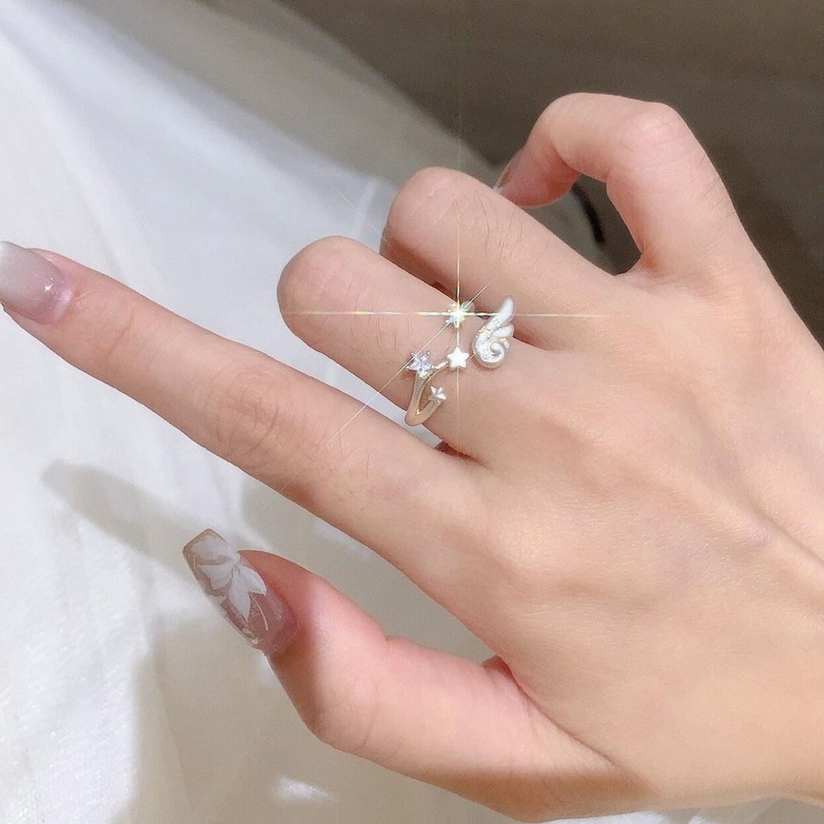 Chic CZ Inlaid Angel Wing Star Open Ring - ArtGalleryZen