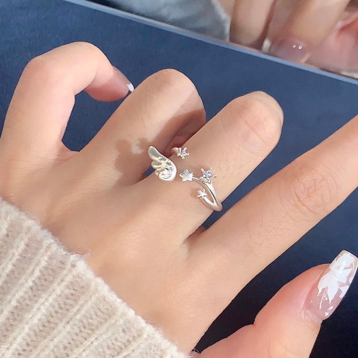Chic CZ Inlaid Angel Wing Star Open Ring - ArtGalleryZen
