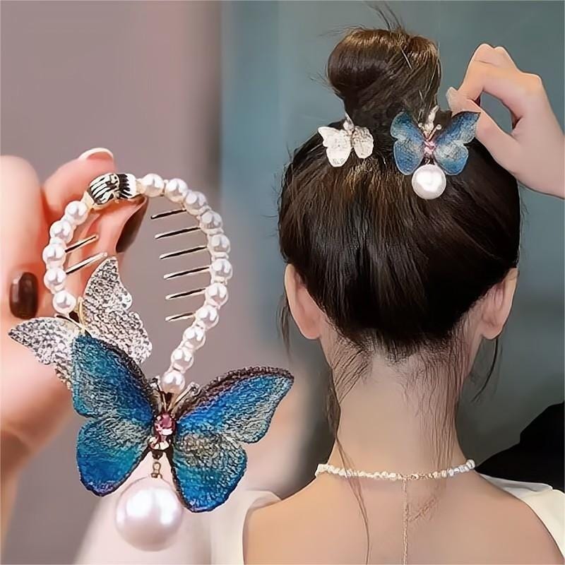 Chic CZ Inlaid Butterfly Pearl Chignon Hair Claw Clip - ArtGalleryZen