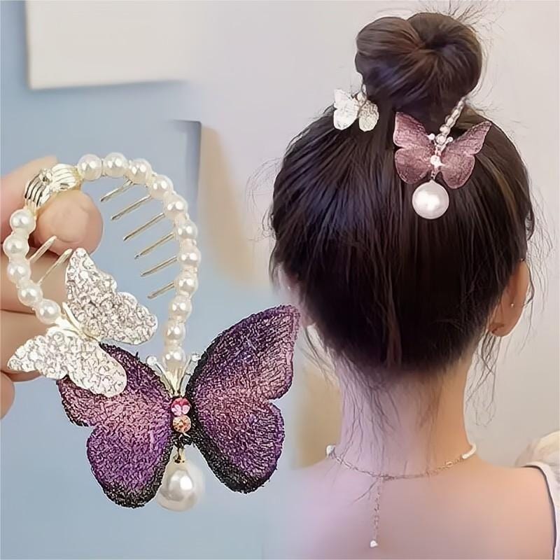 Chic CZ Inlaid Butterfly Pearl Chignon Hair Claw Clip - ArtGalleryZen