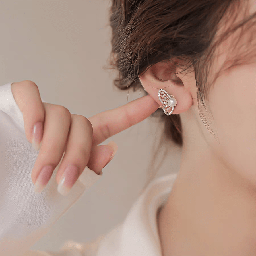 Chic CZ Inlaid Butterfly Pearl Earrings - ArtGalleryZen