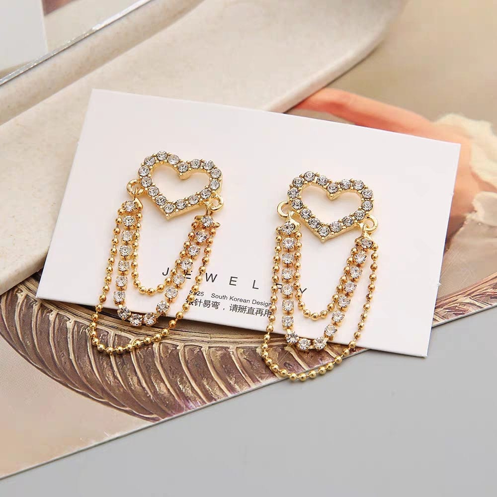 Chic CZ Inlaid Chain Tassel Heart Earrings - ArtGalleryZen