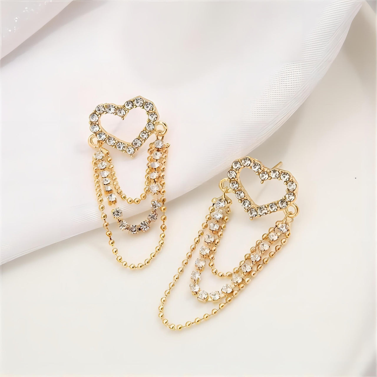 Chic CZ Inlaid Chain Tassel Heart Earrings - ArtGalleryZen