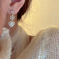 Thumbnail for Chic CZ Inlaid Crystal Floral Heart Dangle Earrings - ArtGalleryZen