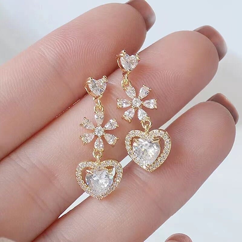 Chic CZ Inlaid Crystal Floral Heart Dangle Earrings - ArtGalleryZen