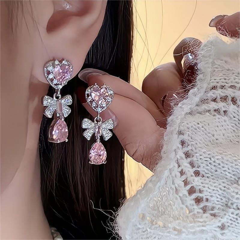 Chic CZ Inlaid Crystal Ribbon Heart Dangle Earrings - ArtGalleryZen