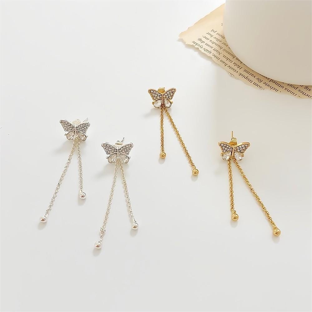 Chic CZ Inlaid Detachable Butterfly Tassel Earrings - ArtGalleryZen