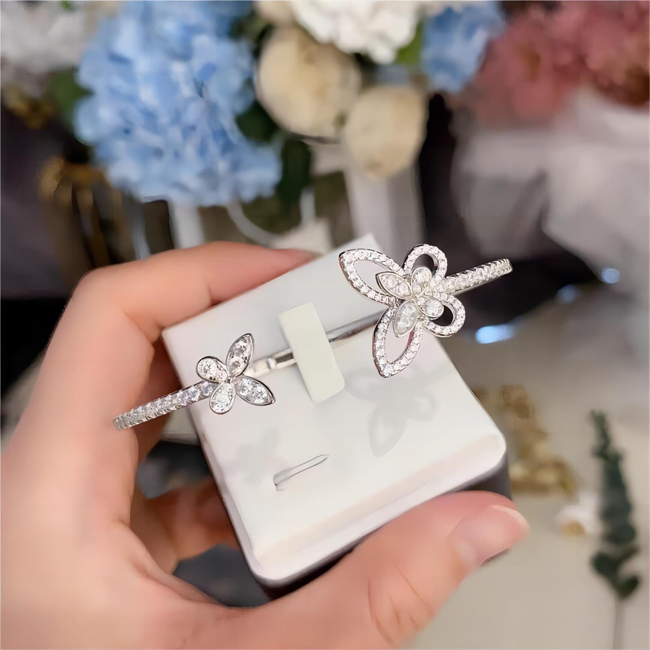 Chic CZ Inlaid Duo Butterfly Bangle Bracelet - ArtGalleryZen