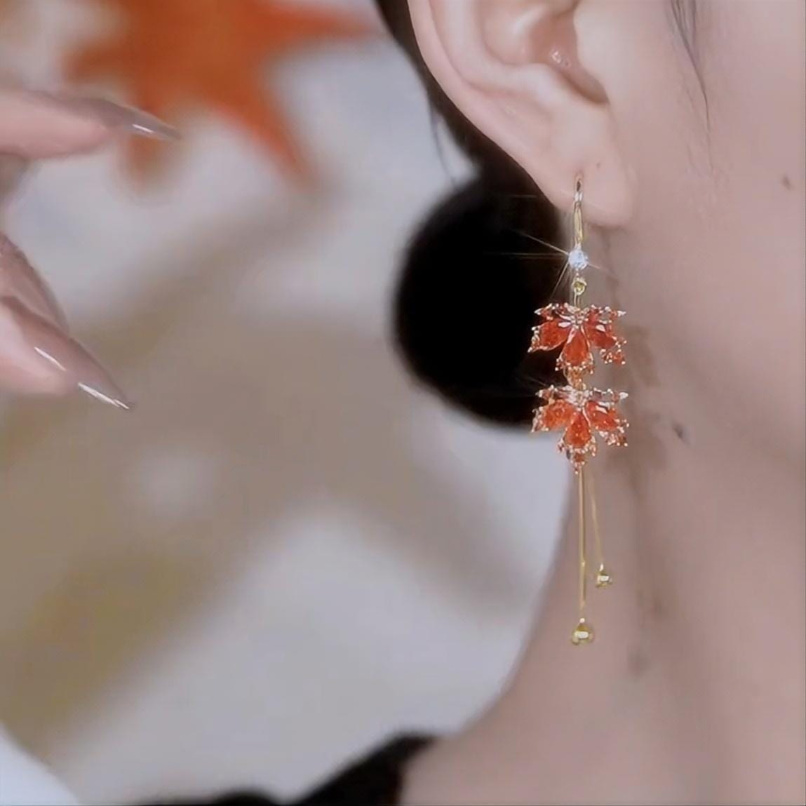 Chic CZ Inlaid Duo Maple Leaf Chain Tassel Earrings - ArtGalleryZen