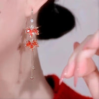 Thumbnail for Chic CZ Inlaid Duo Maple Leaf Chain Tassel Earrings - ArtGalleryZen