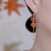 Thumbnail for Chic CZ Inlaid Duo Maple Leaf Chain Tassel Earrings - ArtGalleryZen