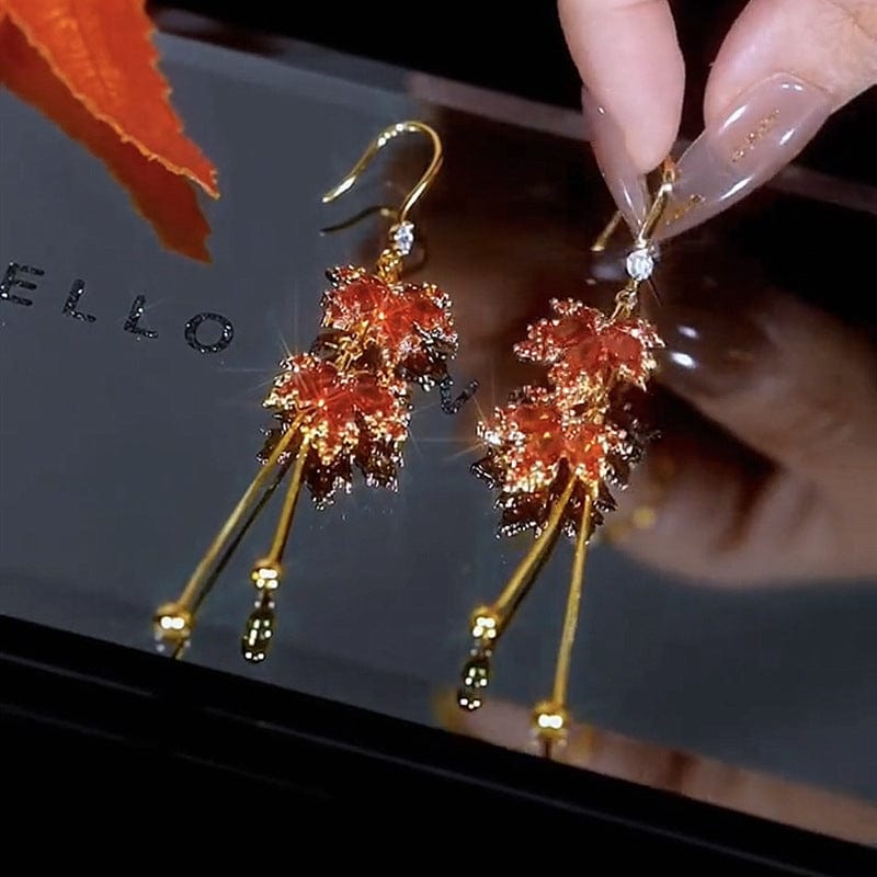 Chic CZ Inlaid Duo Maple Leaf Chain Tassel Earrings - ArtGalleryZen