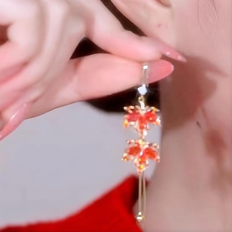 Chic CZ Inlaid Duo Maple Leaf Chain Tassel Earrings - ArtGalleryZen