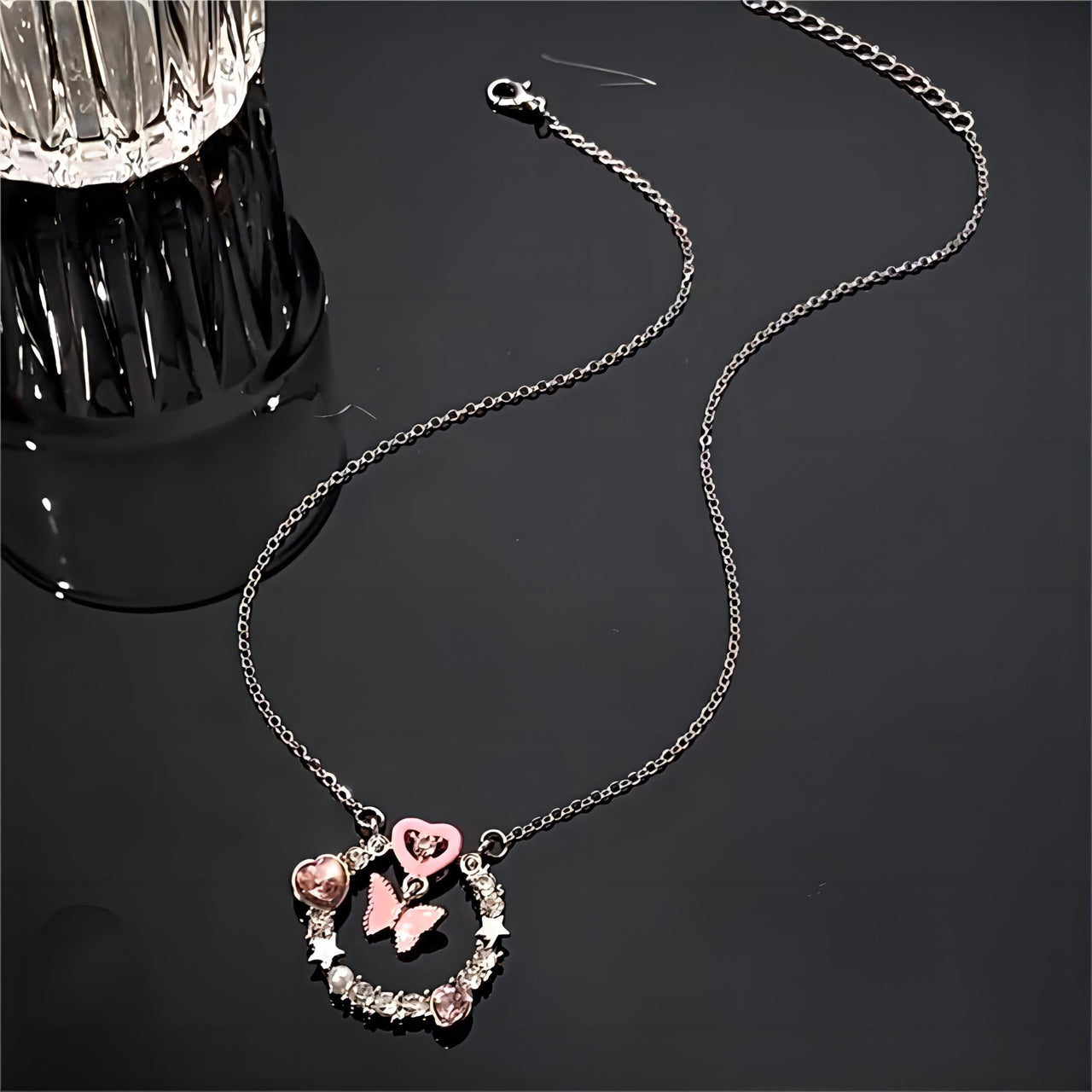 Chic CZ Inlaid Enamel Butterfly Heart Ring Necklace - ArtGalleryZen