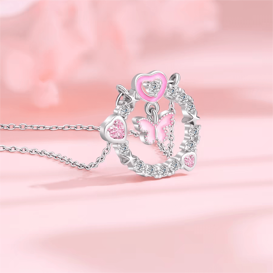 Chic CZ Inlaid Enamel Butterfly Heart Ring Necklace - ArtGalleryZen