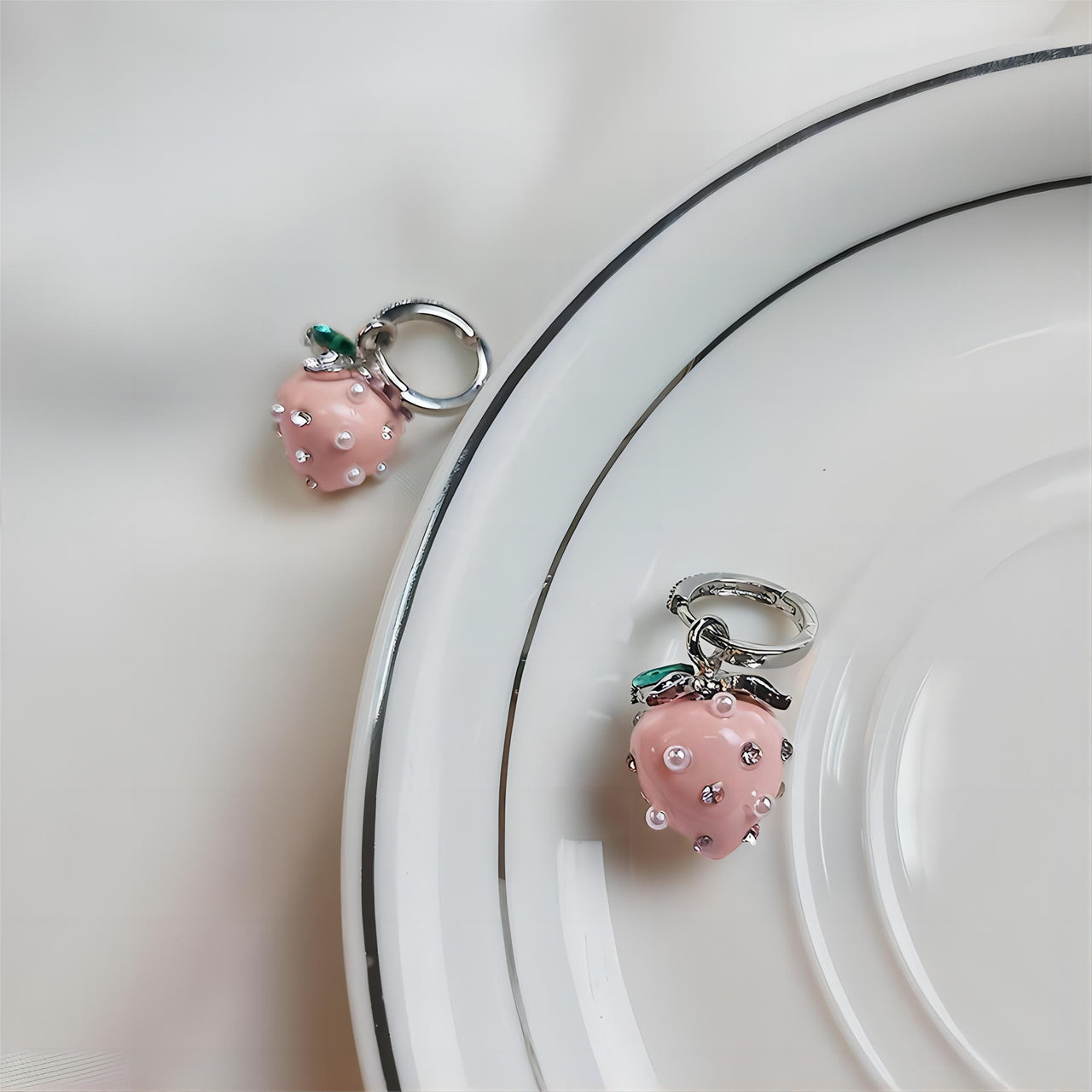 Chic CZ Inlaid Enamel Pink Strawberry Huggie Hoop Earrings - ArtGalleryZen