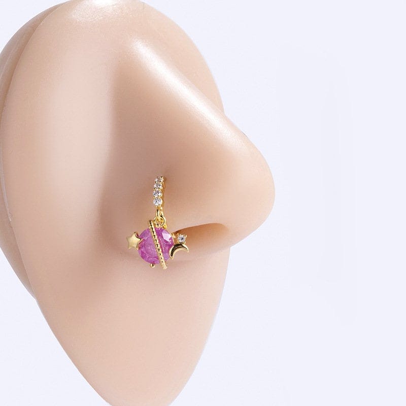 Chic CZ Inlaid Floral Arrow Heart Moon Star Dangling Nose Piercing Hoop - ArtGalleryZen