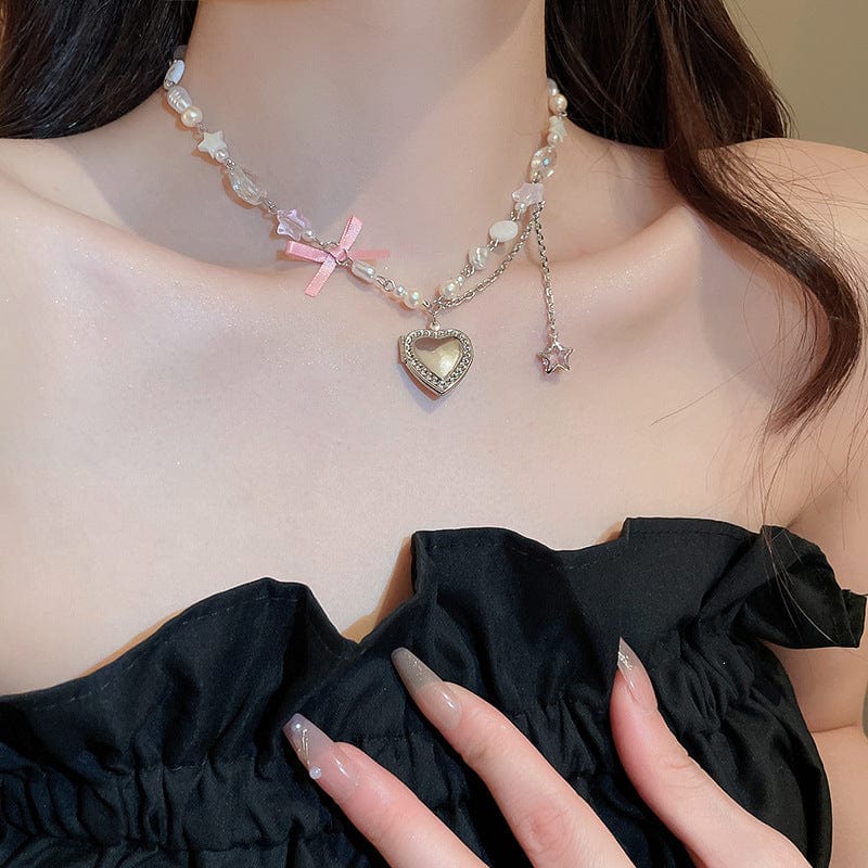 Chic CZ Inlaid Heart Locket Pendant Star Pearl Chain Necklace - ArtGalleryZen