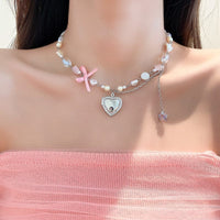 Thumbnail for Chic CZ Inlaid Heart Locket Pendant Star Pearl Chain Necklace - ArtGalleryZen