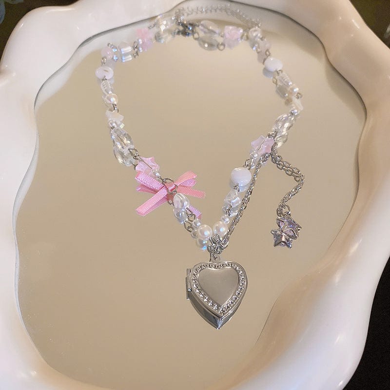 Chic CZ Inlaid Heart Locket Pendant Star Pearl Chain Necklace - ArtGalleryZen