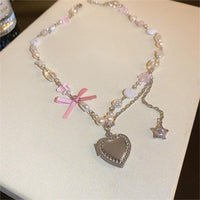 Thumbnail for Chic CZ Inlaid Heart Locket Pendant Star Pearl Chain Necklace - ArtGalleryZen